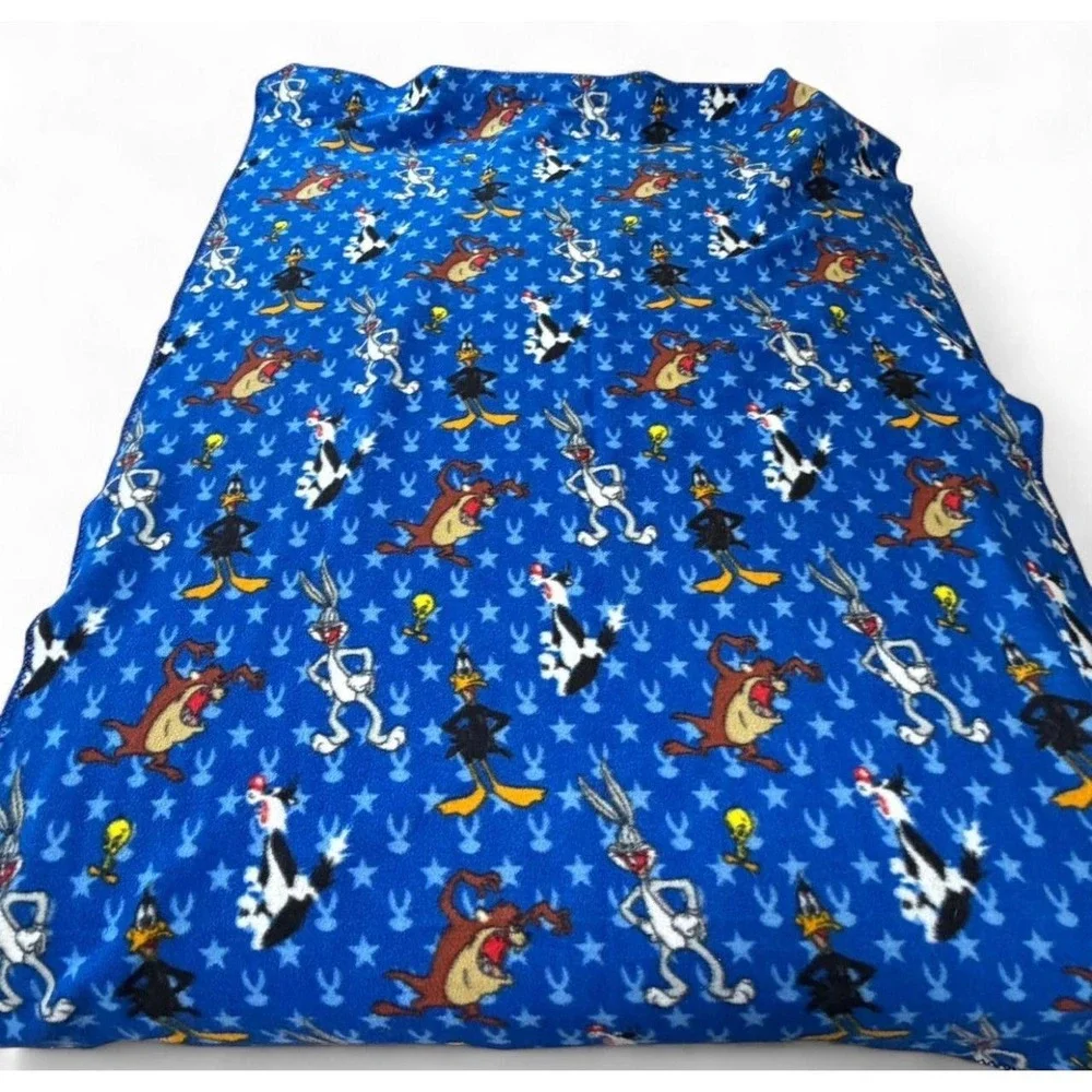 Vintage Looney Tunes Fleece Blanket Bugs Bunny Taz Daffy Tweety 4x5 Blue